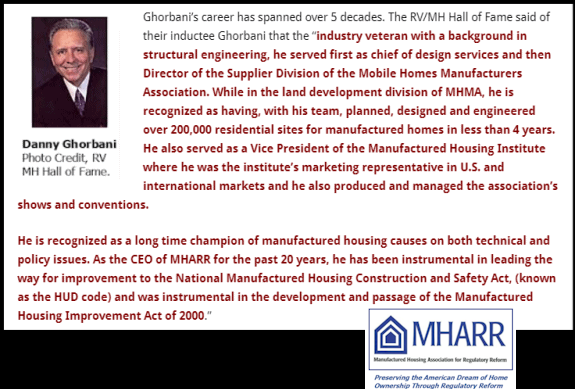 DannyGhorbaniPhotoCareerPerRVMHHallofFameManufacturedHousingAssociationForRegulatoryReformMHARRLogo